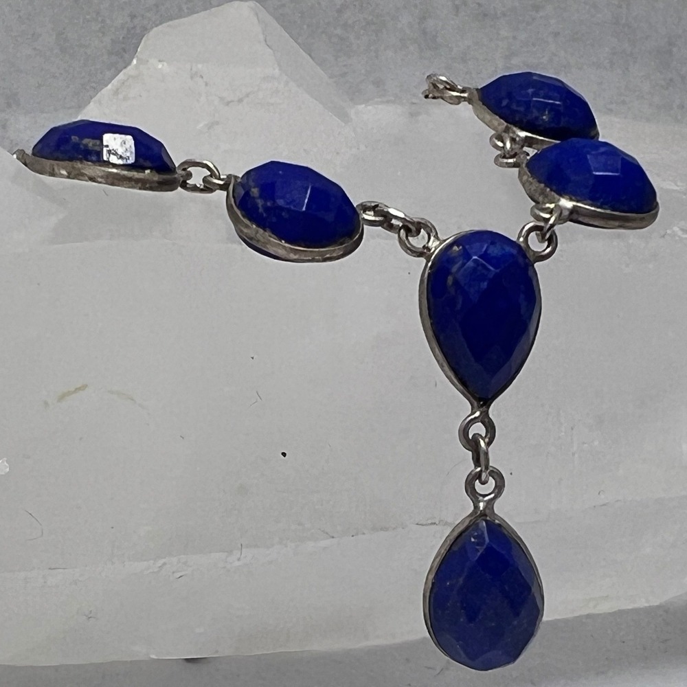 Sterling Silver Lapis Lazuli Faceted Teardrop Drop Necklace Blue Gemstone 925